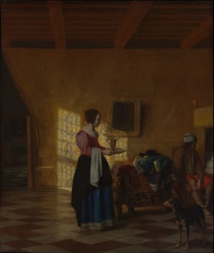 Woman with a water pitcher and a man by a bed